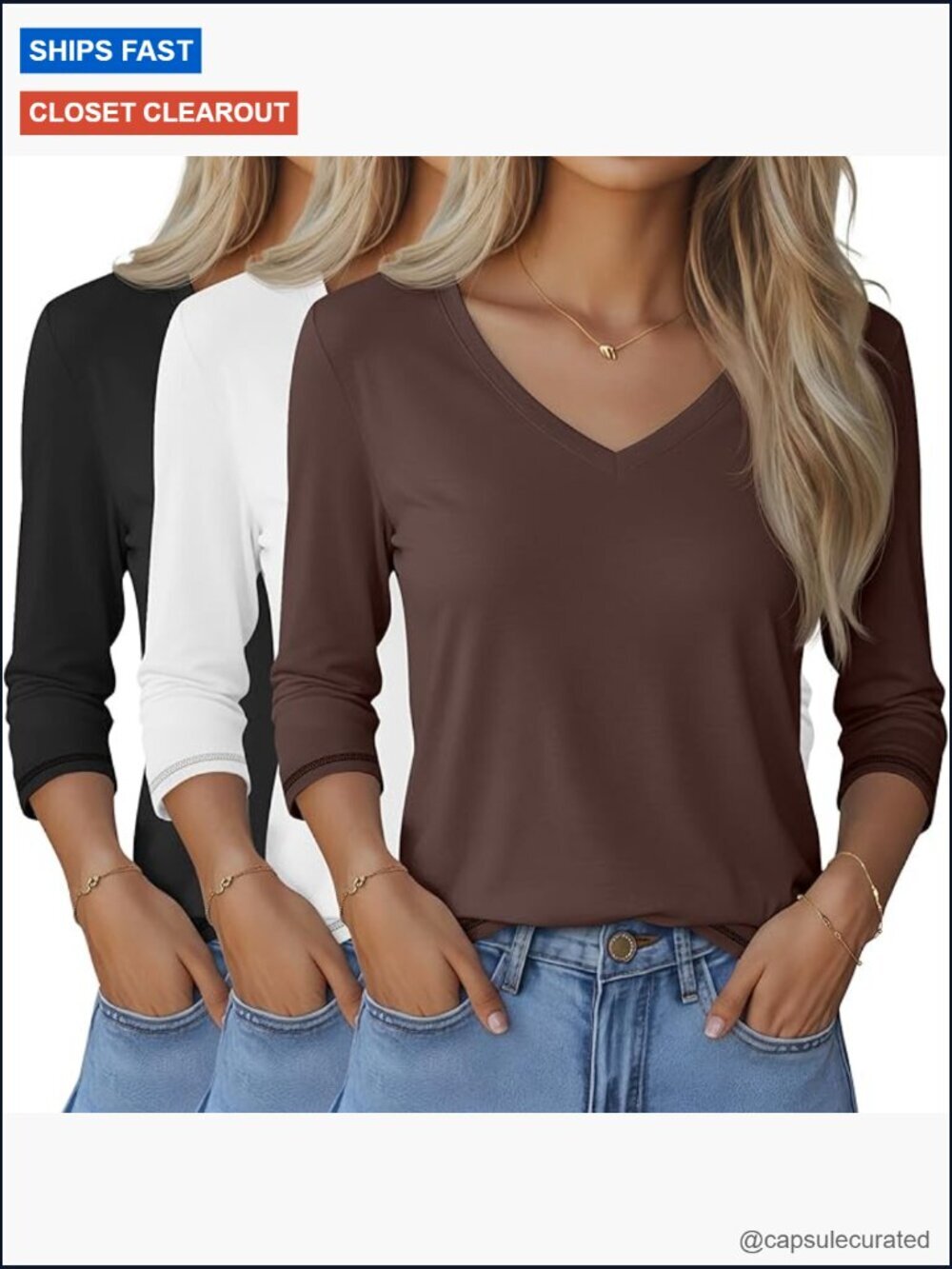 3 Pack Women's 3/4 Sleeve V-Neck T-Shirts Loose Fit Blouses Casual Tees